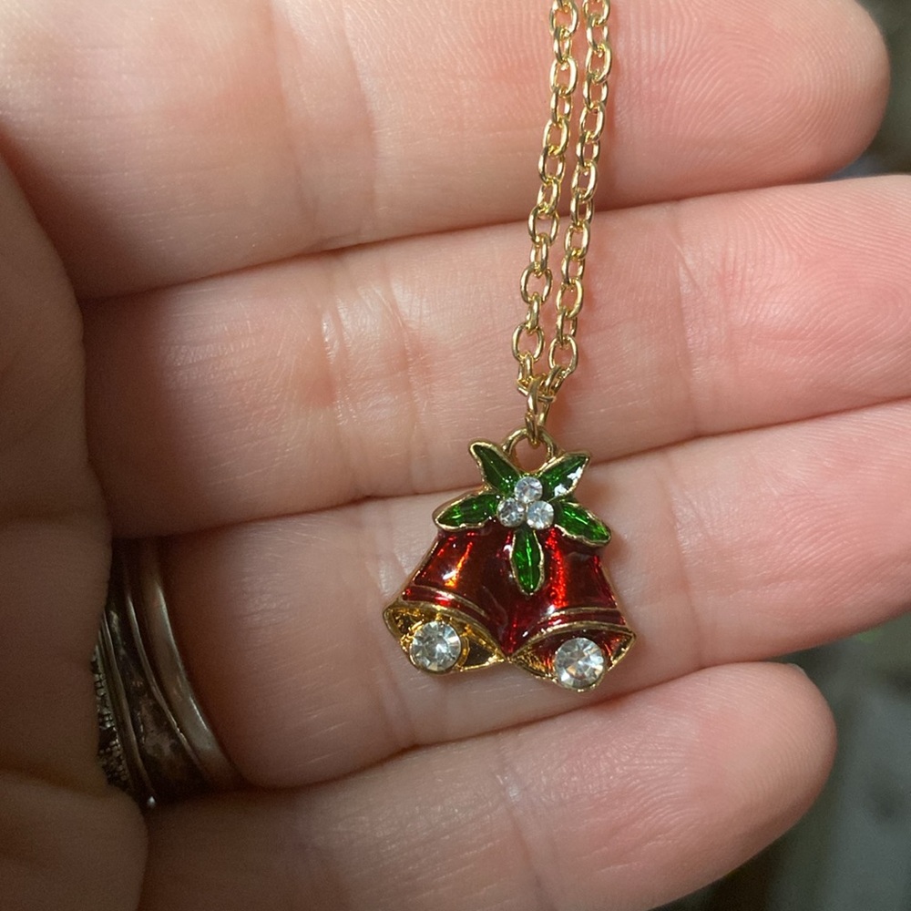 Christmas Bells Necklace w/ Green Flower Festive Holiday Enamel w/ 20 inch Chain